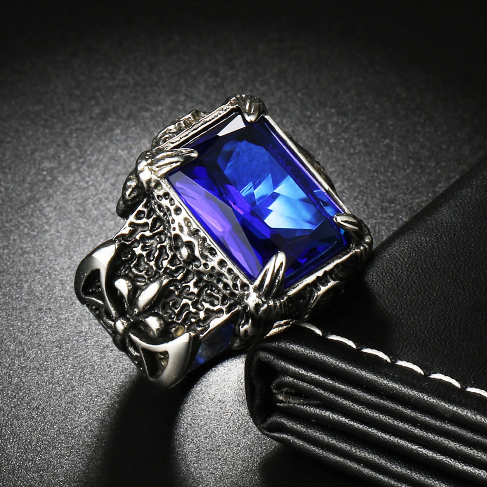 premium dragon claw stone ring for men – 316l stainless steel big stone punk ring, zircon blue/black, vintage jewelry pakistan