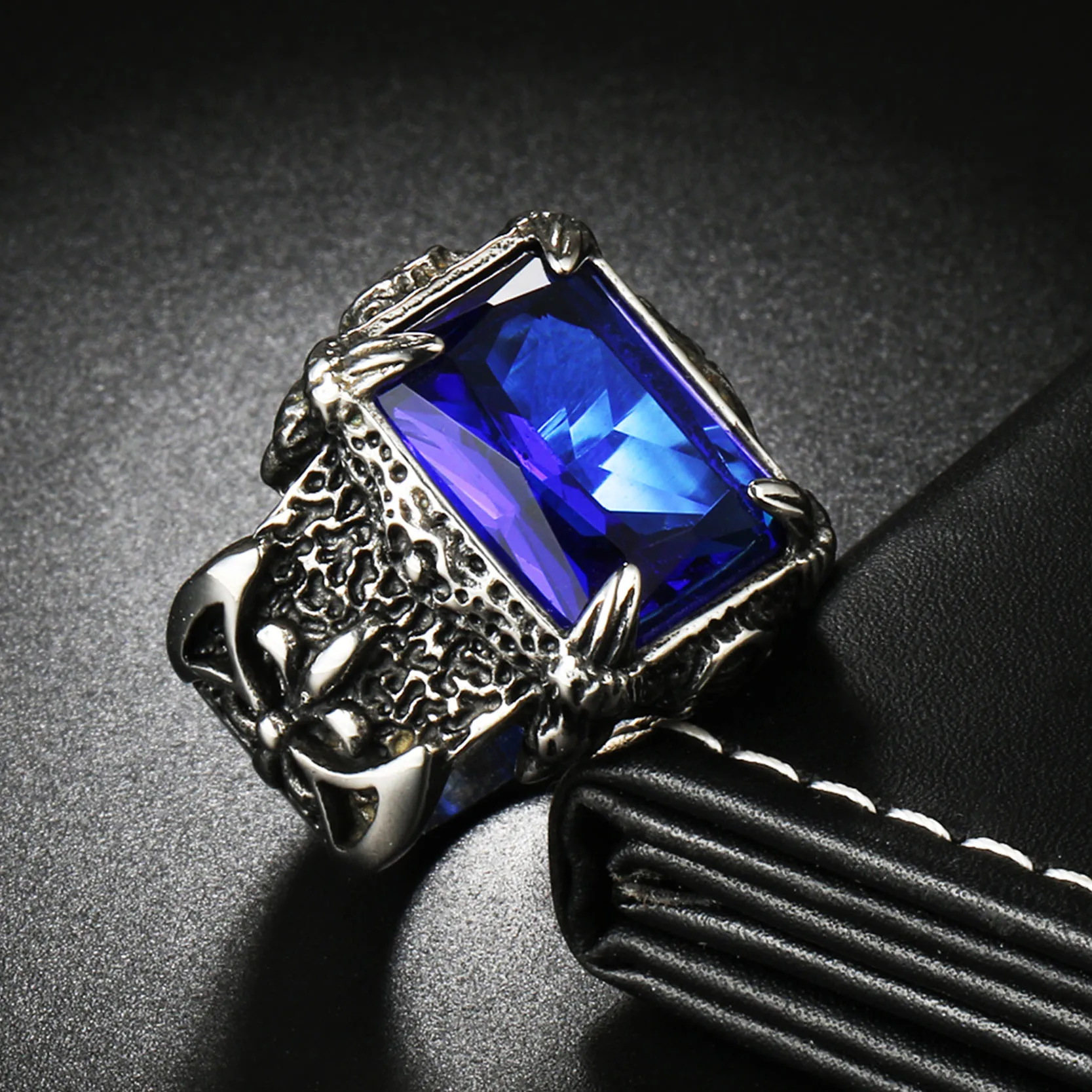 premium dragon claw stone ring for men – 316l stainless steel big stone punk ring, zircon blue/black, vintage jewelry pakistan