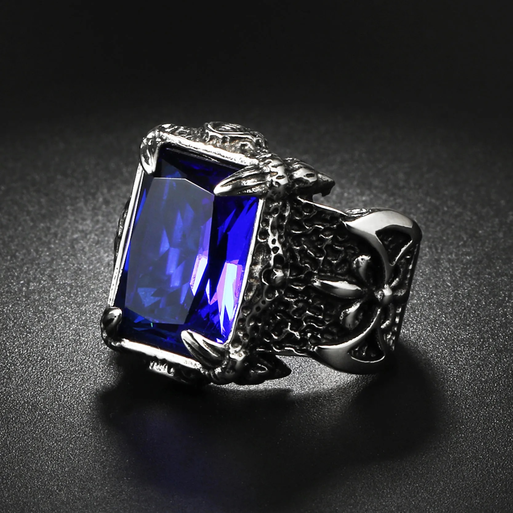 premium dragon claw stone ring for men – 316l stainless steel big stone punk ring, zircon blue/black, vintage jewelry pakistan