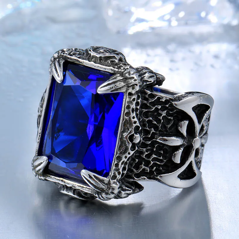 Premium Dragon Claw Stone Ring for Men featuring a bold zircon Blue stone, crafted from durable 316L stainless steel in a vintage punk style – statement jewelry for men in Pakistan