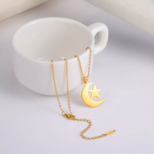 gold crescent moon & star necklace for women – islamic pendant chain, stainless steel jewelry for girls