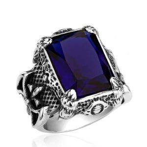 premium dragon claw stone ring for men – 316l stainless steel big stone punk ring, zircon blue/black, vintage jewelry pakistan