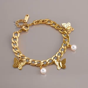 Double layer butterfly pearl bracelet gold stainless steel elegant design